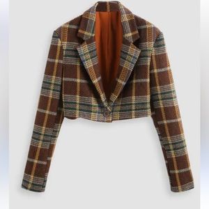 Cider Tartan Tweed Breasted Crop Blazer